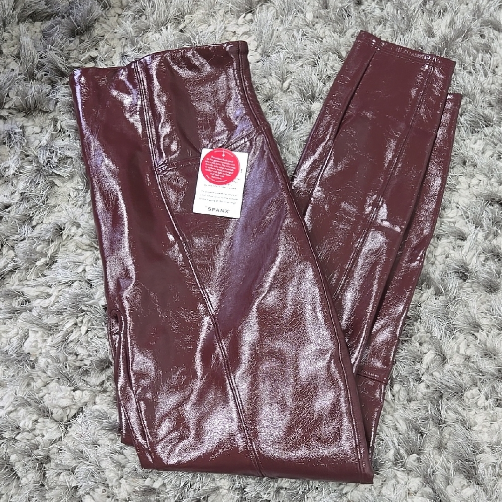 Spanx Shiny Burgundy Faux Leather Leggings  Size Petite Small NWT
